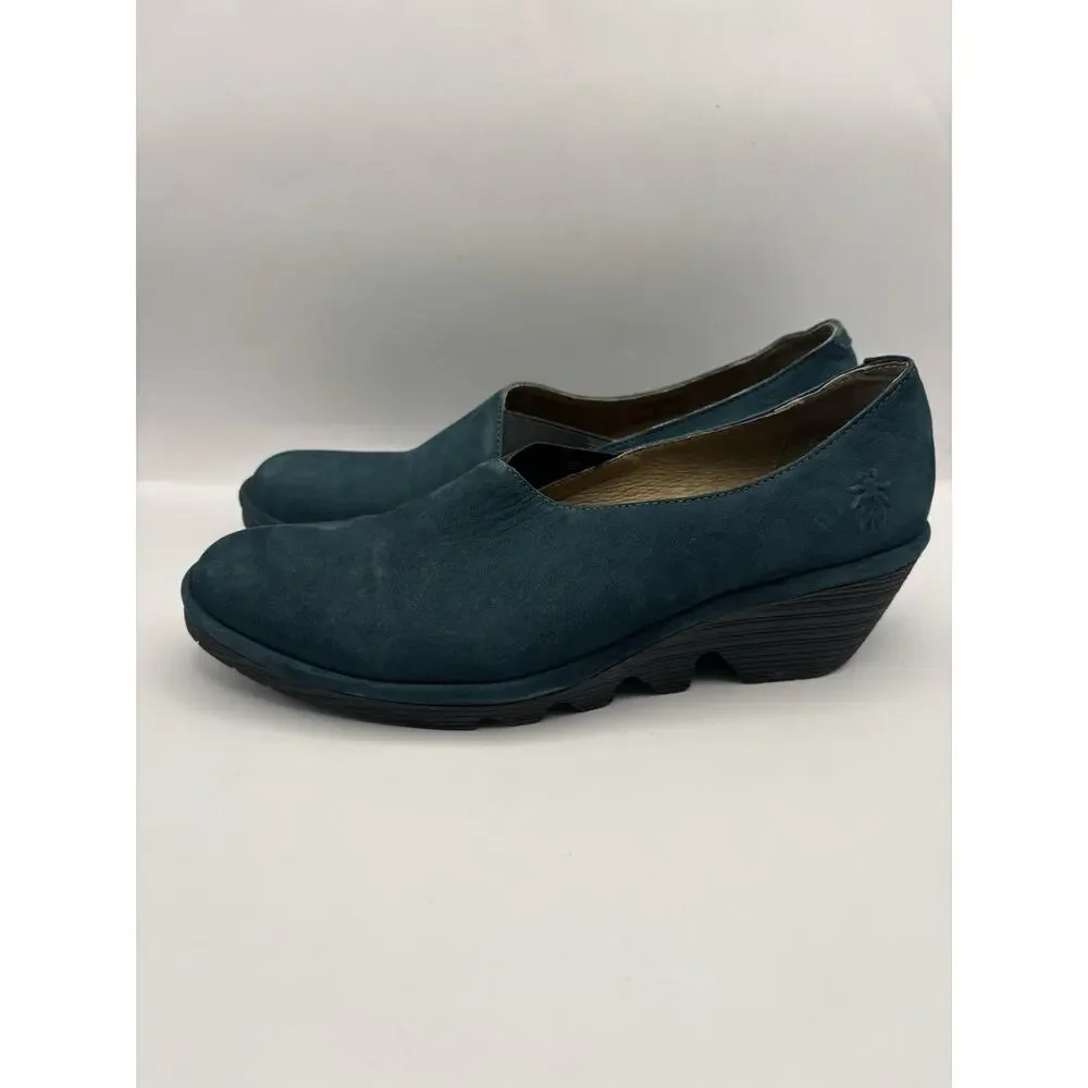 Fly London Peso Leather Blue Wedges Size 39 (Women 8-8.5)
